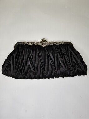 NWOT Black Satin Ruched Evening Bag Crystal Frame Convertible Clutch Chain Purse